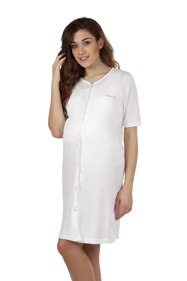 Premamy – Camicia da notte clinica premaman con apertura frontale bianca semplice
