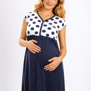 Premamy – Camicia da notte clinica premaman con apertura frontale blu con pois e arricciatura